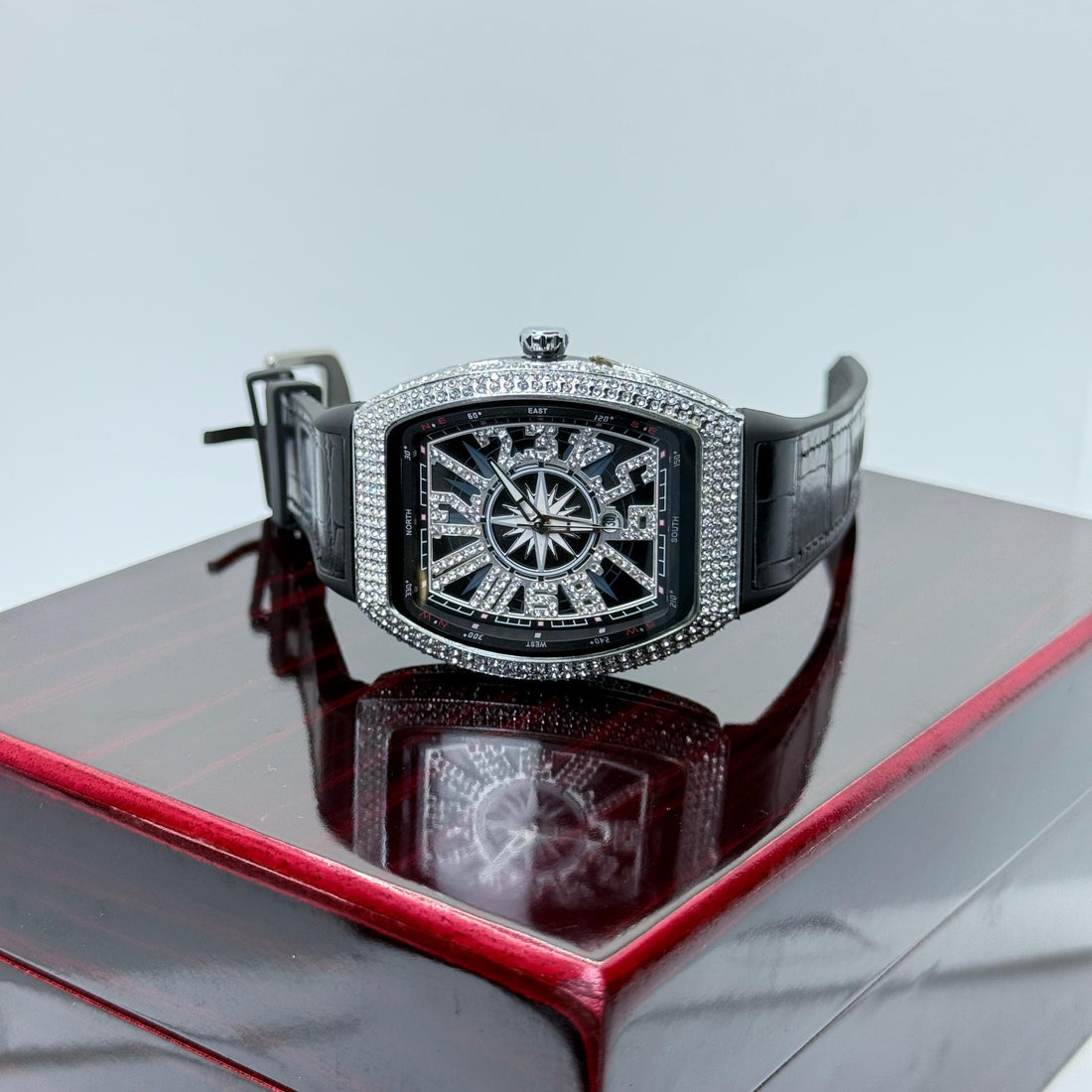 FM Black leather strap with white diamond watch