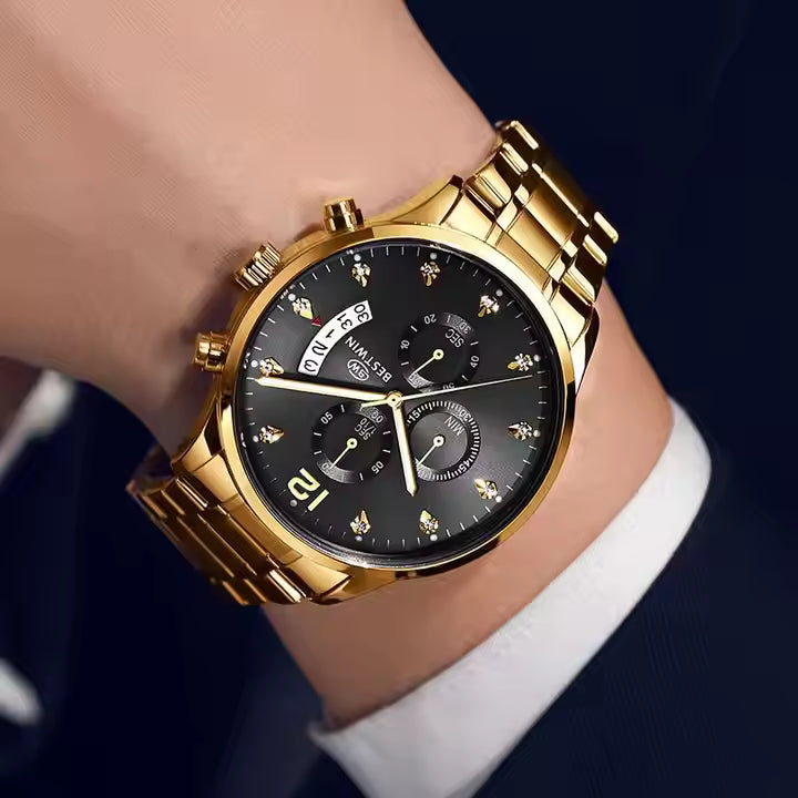 BESTWIN Quartz Men Date Calendar Business Waterproof Chronograph Wristwatch Custom Design Man Wrist Watch